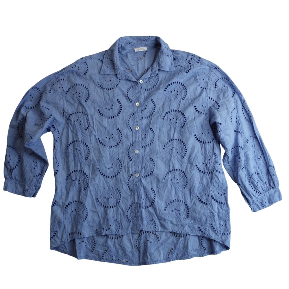 Vtg Blue Eyelet Button Up Shirt Womens L Cotton Italy Cottage Coastal Grandma